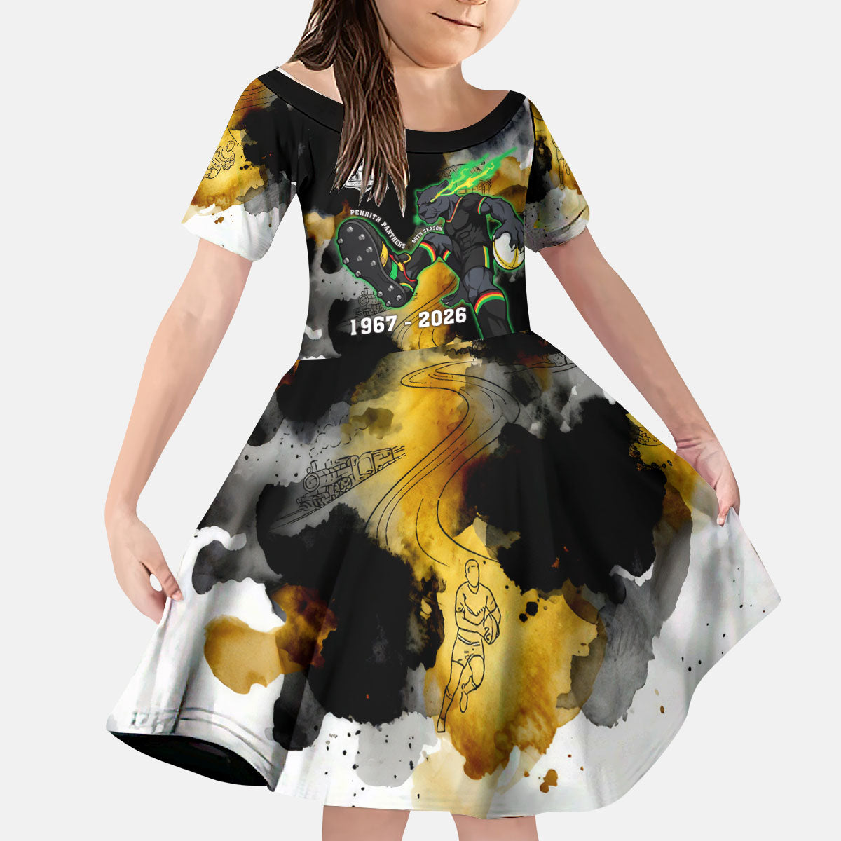 Personalised Penrith Panthers 1967-2026 Kid Short Sleeve Dress Panther Mascot 60th Anniversary - Watercolor Splash Art