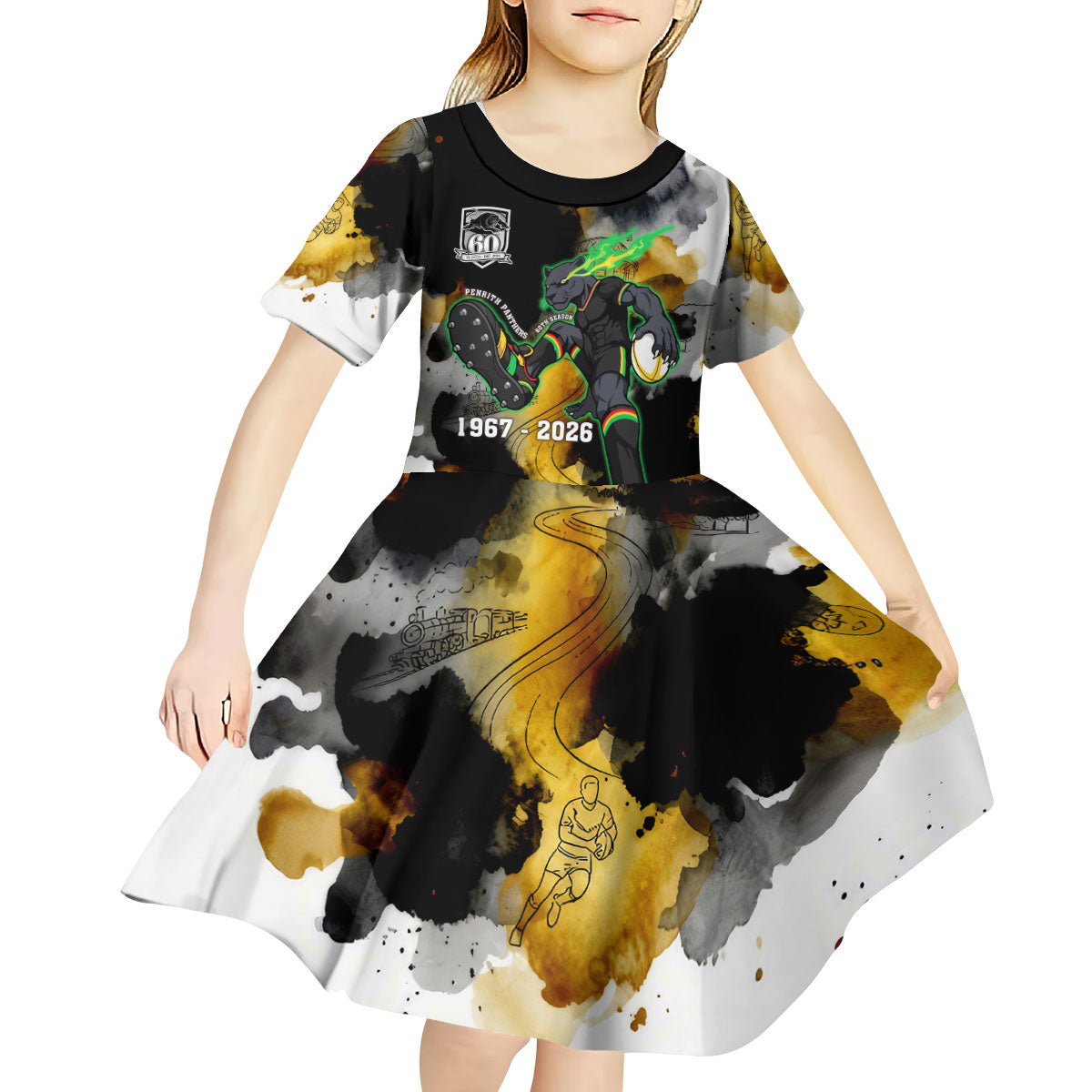 Personalised Penrith Panthers 1967-2026 Kid Short Sleeve Dress Panther Mascot 60th Anniversary - Watercolor Splash Art