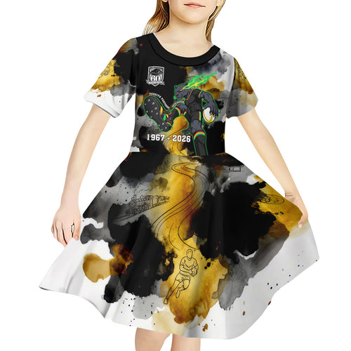 Personalised Penrith Panthers 1967-2026 Kid Short Sleeve Dress Panther Mascot 60th Anniversary - Watercolor Splash Art