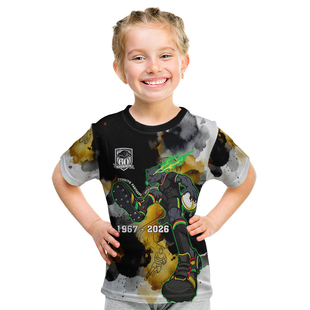 Personalised Penrith Panthers 1967-2026 Kid T Shirt Panther Mascot 60th Anniversary - Watercolor Splash Art
