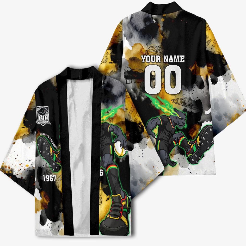 Personalised Penrith Panthers 1967-2026 Kimono Panther Mascot 60th Anniversary - Watercolor Splash Art