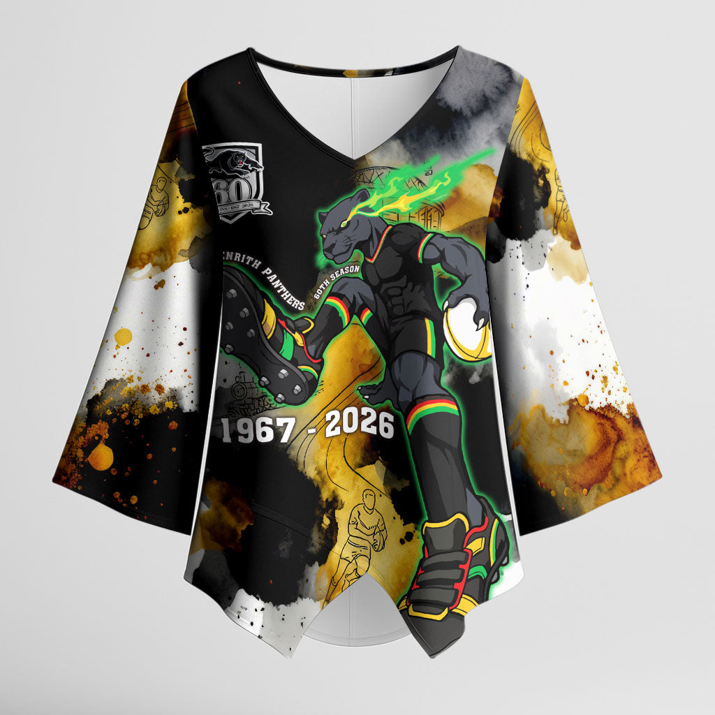 Personalised Penrith Panthers 1967-2026 Kimono Sleeve Blouse Panther Mascot 60th Anniversary - Watercolor Splash Art