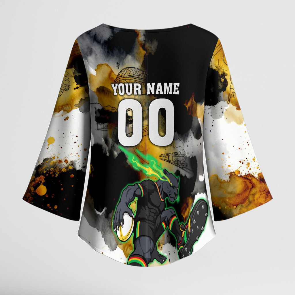 Personalised Penrith Panthers 1967-2026 Kimono Sleeve Blouse Panther Mascot 60th Anniversary - Watercolor Splash Art