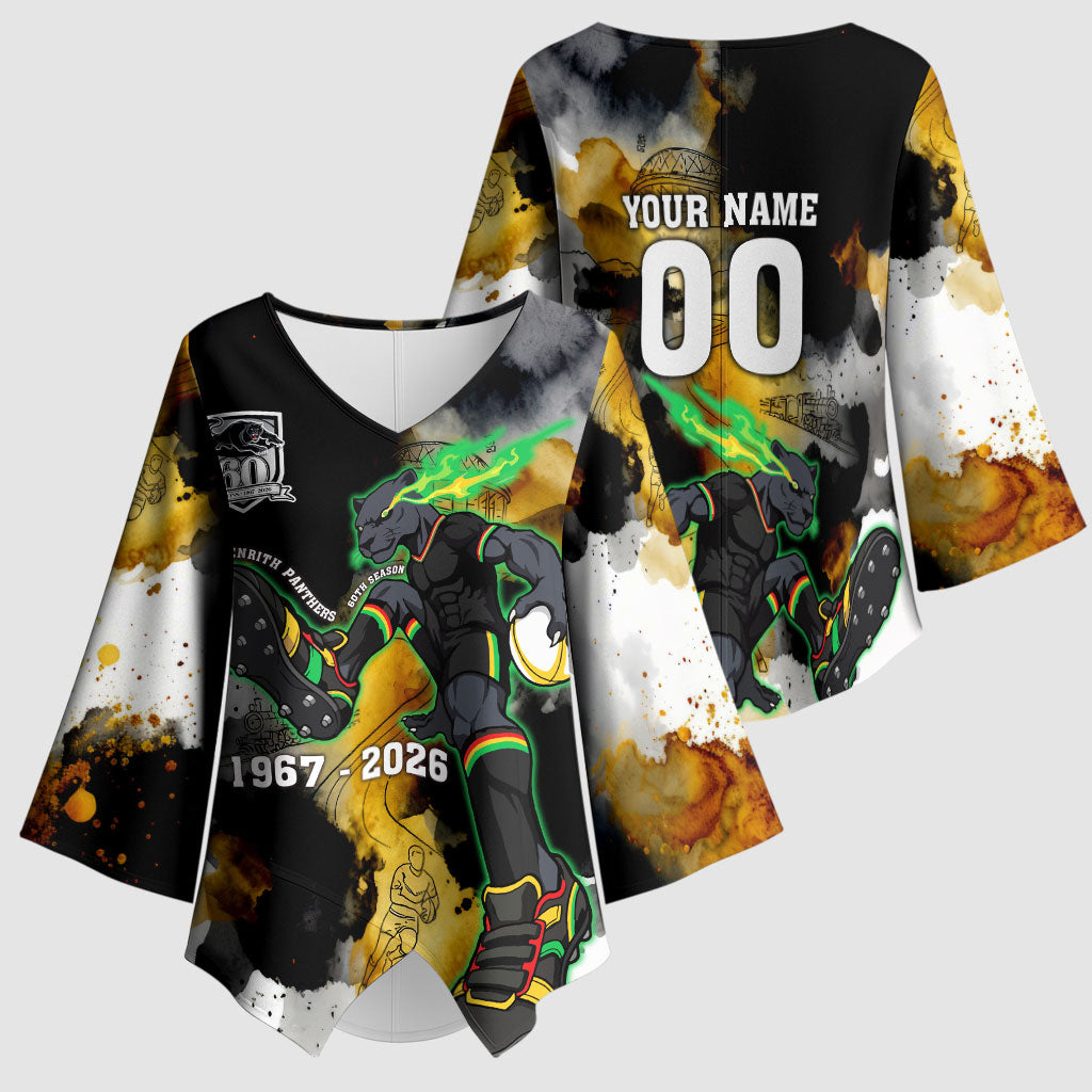 Personalised Penrith Panthers 1967-2026 Kimono Sleeve Blouse Panther Mascot 60th Anniversary - Watercolor Splash Art