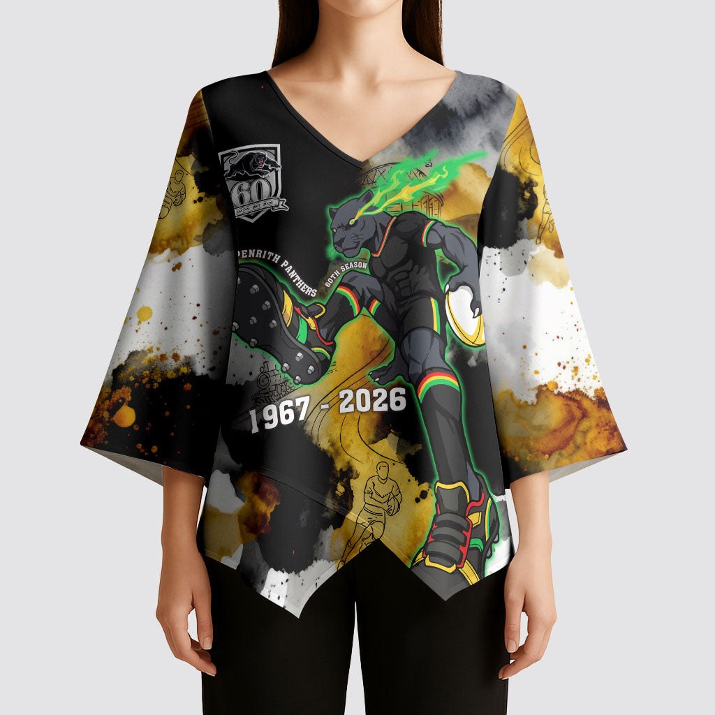 Personalised Penrith Panthers 1967-2026 Kimono Sleeve Blouse Panther Mascot 60th Anniversary - Watercolor Splash Art