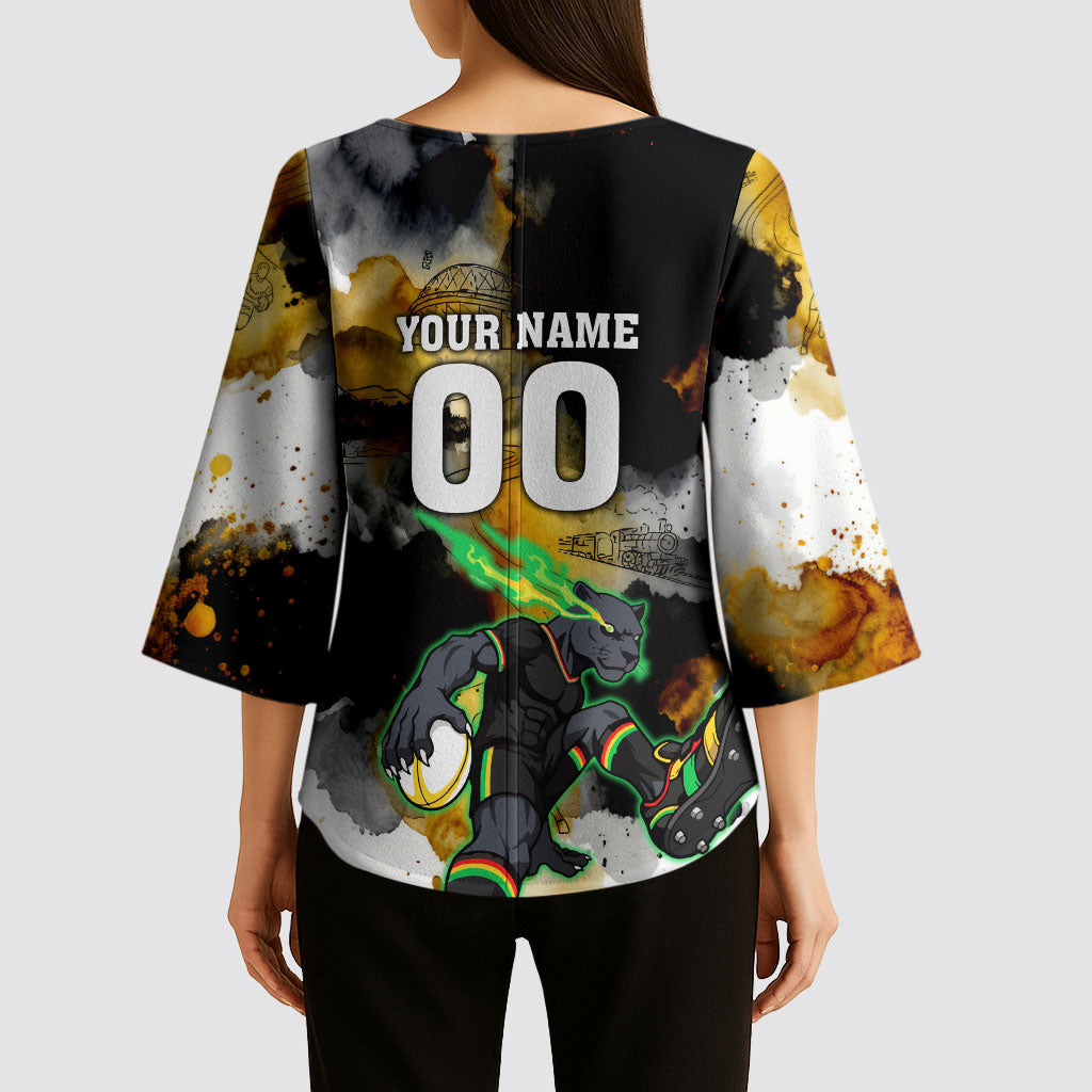 Personalised Penrith Panthers 1967-2026 Kimono Sleeve Blouse Panther Mascot 60th Anniversary - Watercolor Splash Art