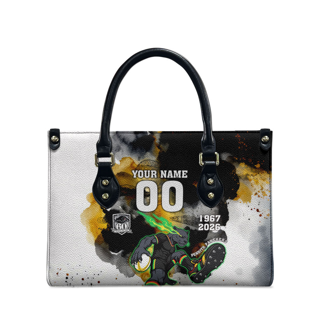 Personalised Penrith Panthers 1967-2026 Leather Bag Panther Mascot 60th Anniversary - Watercolor Splash Art