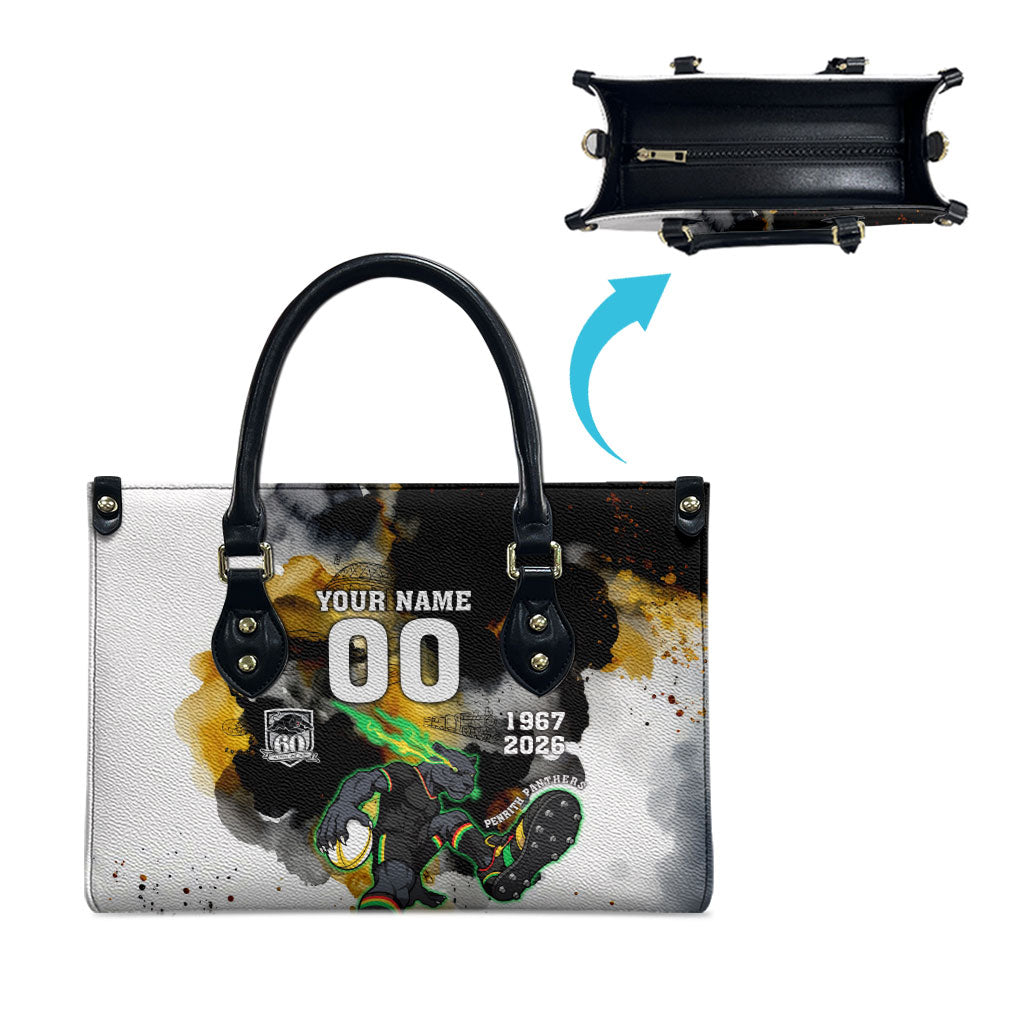Personalised Penrith Panthers 1967-2026 Leather Bag Panther Mascot 60th Anniversary - Watercolor Splash Art