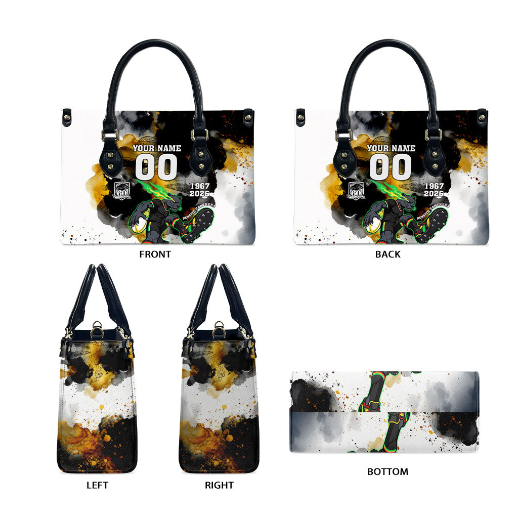 Personalised Penrith Panthers 1967-2026 Leather Bag Panther Mascot 60th Anniversary - Watercolor Splash Art