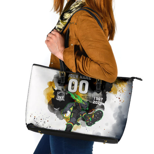 Personalised Penrith Panthers 1967-2026 Leather Tote Bag Panther Mascot 60th Anniversary - Watercolor Splash Art
