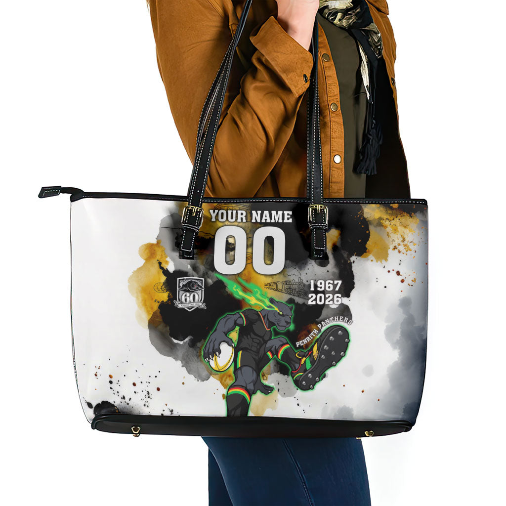 Personalised Penrith Panthers 1967-2026 Leather Tote Bag Panther Mascot 60th Anniversary - Watercolor Splash Art