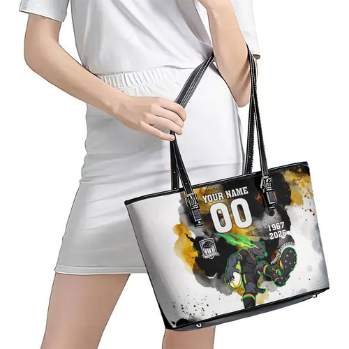 Personalised Penrith Panthers 1967-2026 Leather Tote Bag Panther Mascot 60th Anniversary - Watercolor Splash Art
