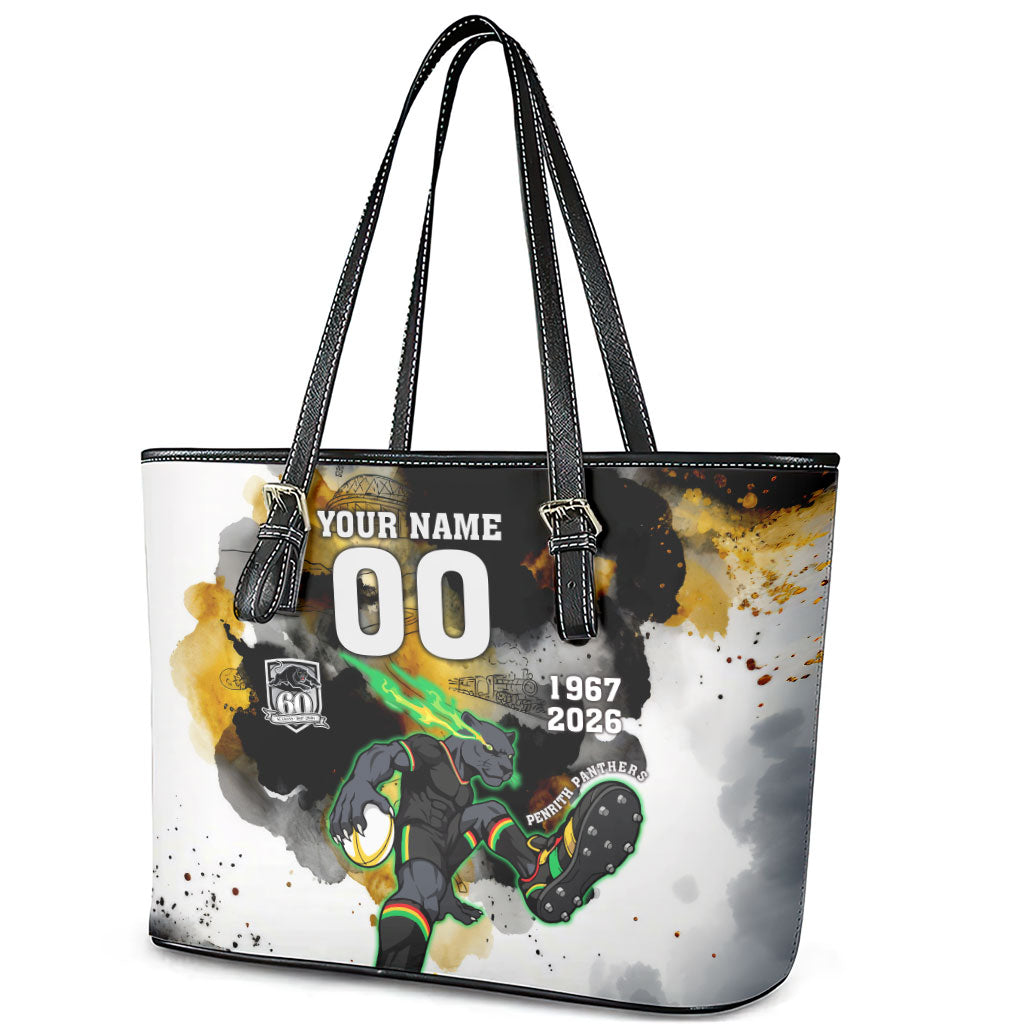 Personalised Penrith Panthers 1967-2026 Leather Tote Bag Panther Mascot 60th Anniversary - Watercolor Splash Art