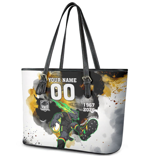 Personalised Penrith Panthers 1967-2026 Leather Tote Bag Panther Mascot 60th Anniversary - Watercolor Splash Art