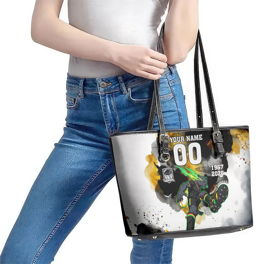 Personalised Penrith Panthers 1967-2026 Leather Tote Bag Panther Mascot 60th Anniversary - Watercolor Splash Art