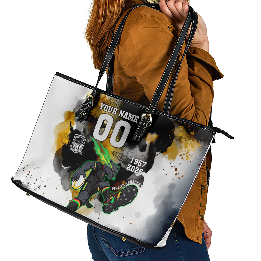 Personalised Penrith Panthers 1967-2026 Leather Tote Bag Panther Mascot 60th Anniversary - Watercolor Splash Art