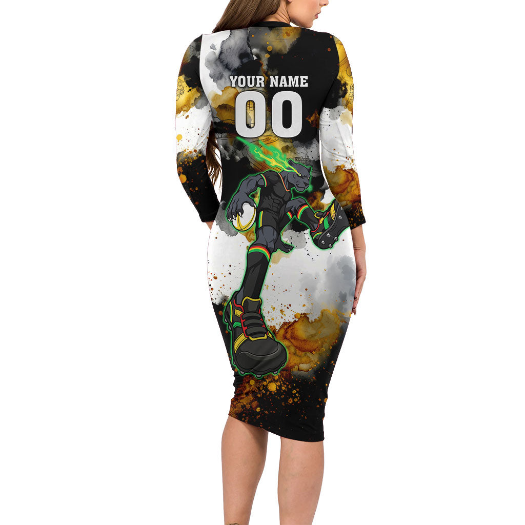 Personalised Penrith Panthers 1967-2026 Long Sleeve Bodycon Dress Panther Mascot 60th Anniversary - Watercolor Splash Art