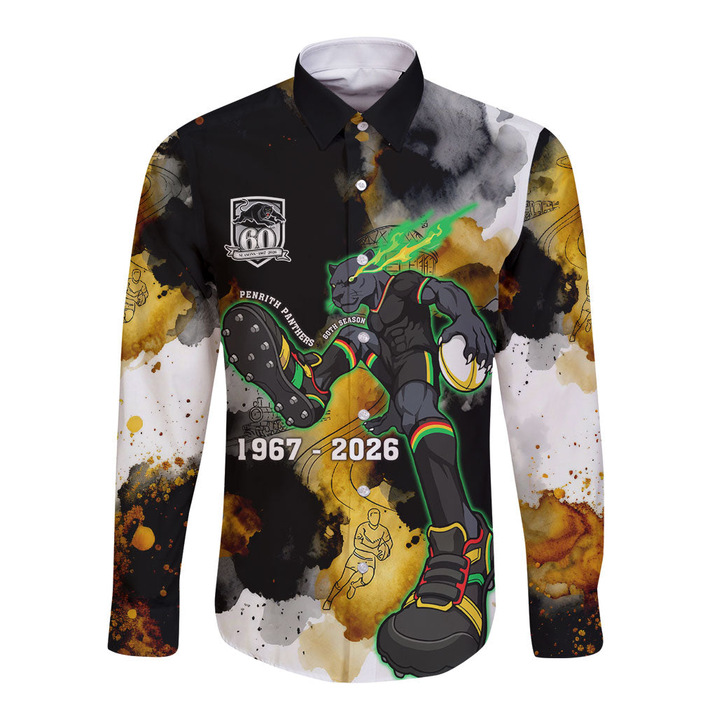 Personalised Penrith Panthers 1967-2026 Long Sleeve Button Shirt Panther Mascot 60th Anniversary - Watercolor Splash Art