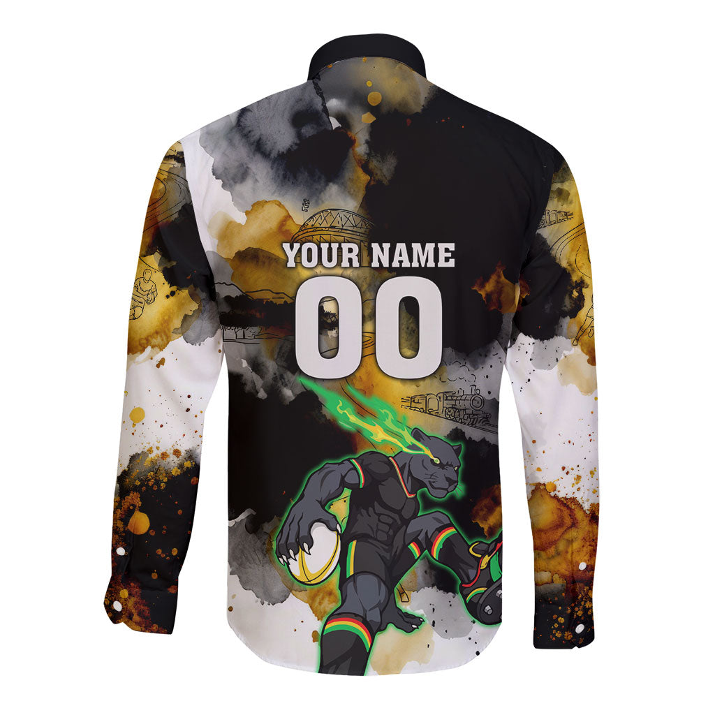 Personalised Penrith Panthers 1967-2026 Long Sleeve Button Shirt Panther Mascot 60th Anniversary - Watercolor Splash Art