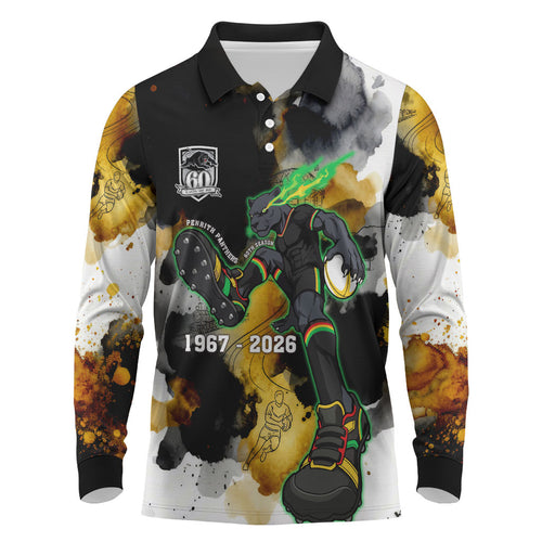 Personalised Penrith Panthers 1967-2026 Long Sleeve Polo Shirt Panther Mascot 60th Anniversary - Watercolor Splash Art