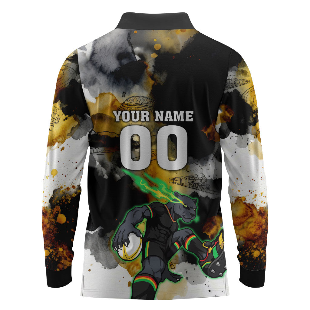 Personalised Penrith Panthers 1967-2026 Long Sleeve Polo Shirt Panther Mascot 60th Anniversary - Watercolor Splash Art