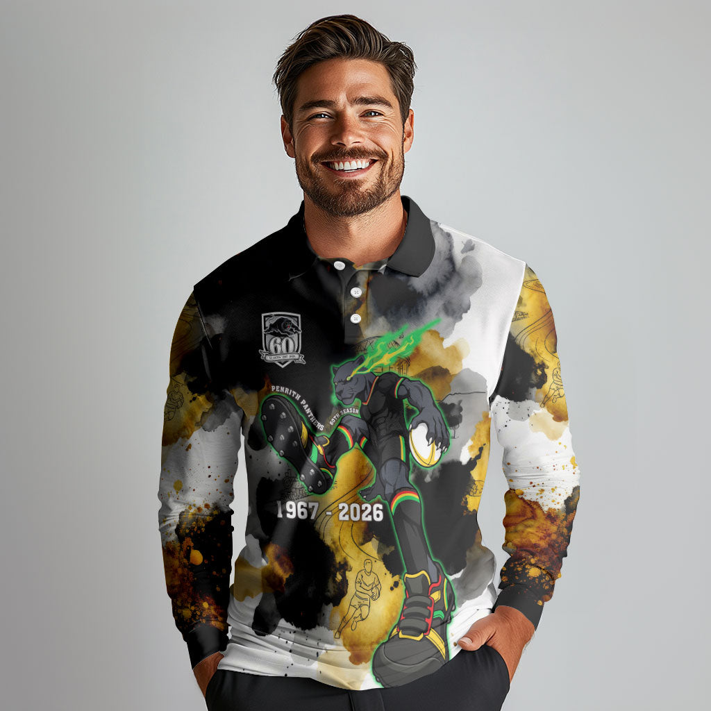 Personalised Penrith Panthers 1967-2026 Long Sleeve Polo Shirt Panther Mascot 60th Anniversary - Watercolor Splash Art