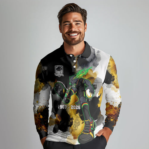 Personalised Penrith Panthers 1967-2026 Long Sleeve Polo Shirt Panther Mascot 60th Anniversary - Watercolor Splash Art