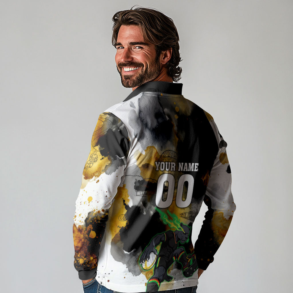 Personalised Penrith Panthers 1967-2026 Long Sleeve Polo Shirt Panther Mascot 60th Anniversary - Watercolor Splash Art