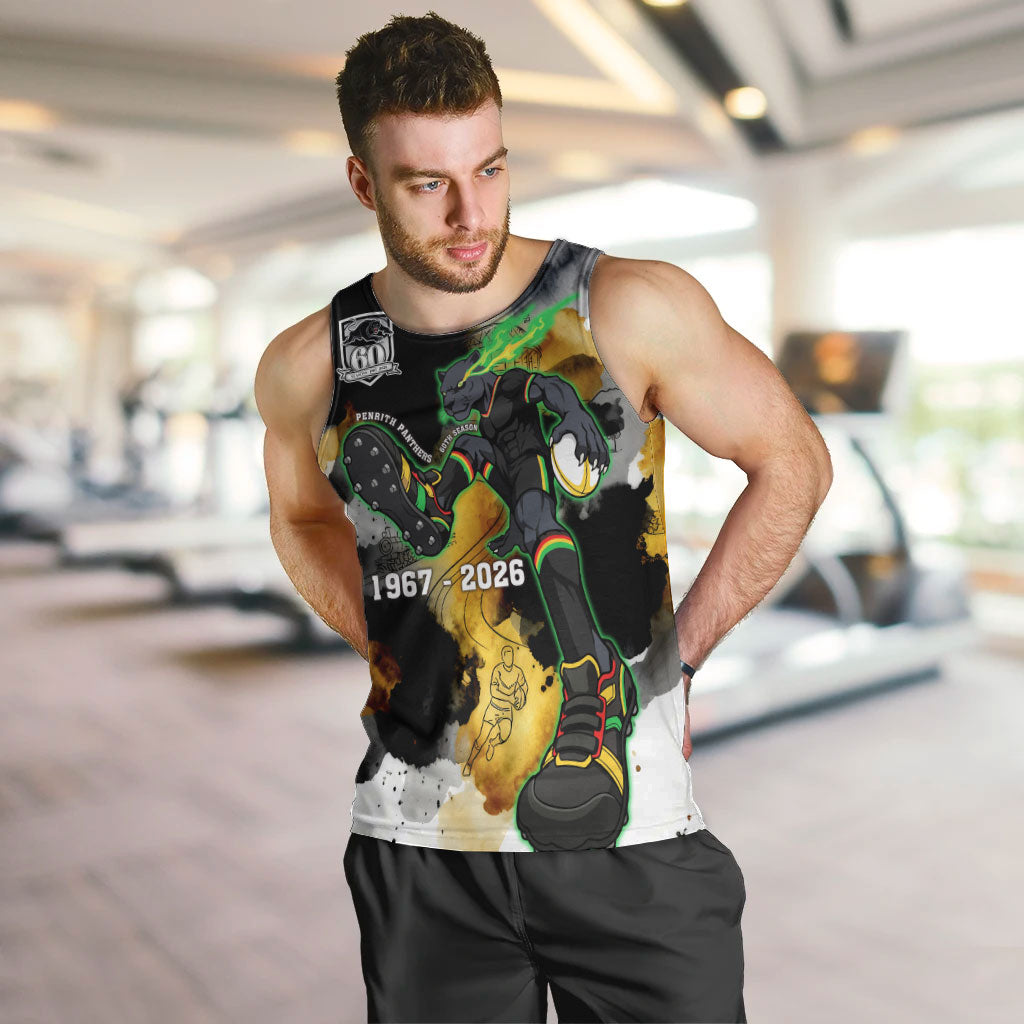 Personalised Penrith Panthers 1967-2026 Men Tank Top Panther Mascot 60th Anniversary - Watercolor Splash Art