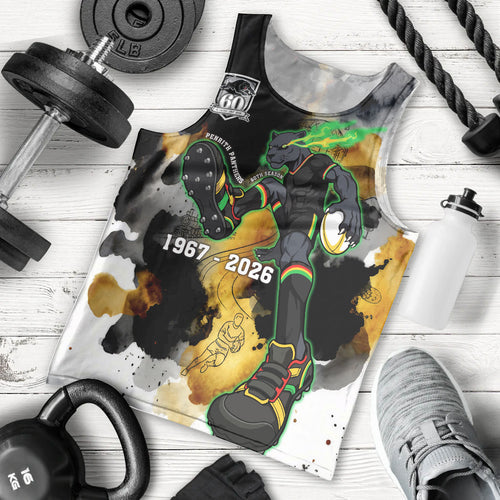 Personalised Penrith Panthers 1967-2026 Men Tank Top Panther Mascot 60th Anniversary - Watercolor Splash Art