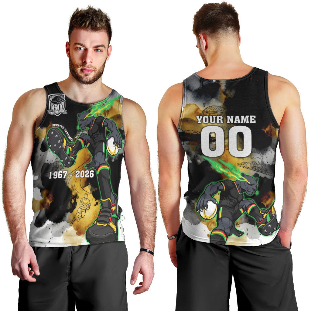 Personalised Penrith Panthers 1967-2026 Men Tank Top Panther Mascot 60th Anniversary - Watercolor Splash Art