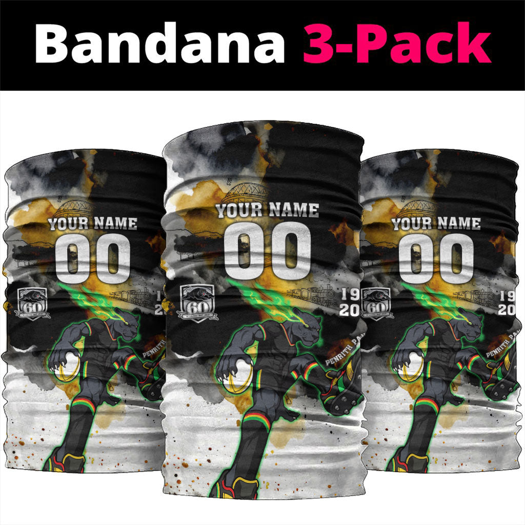 Personalised Penrith Panthers 1967-2026 Neck Gaiter Panther Mascot 60th Anniversary - Watercolor Splash Art