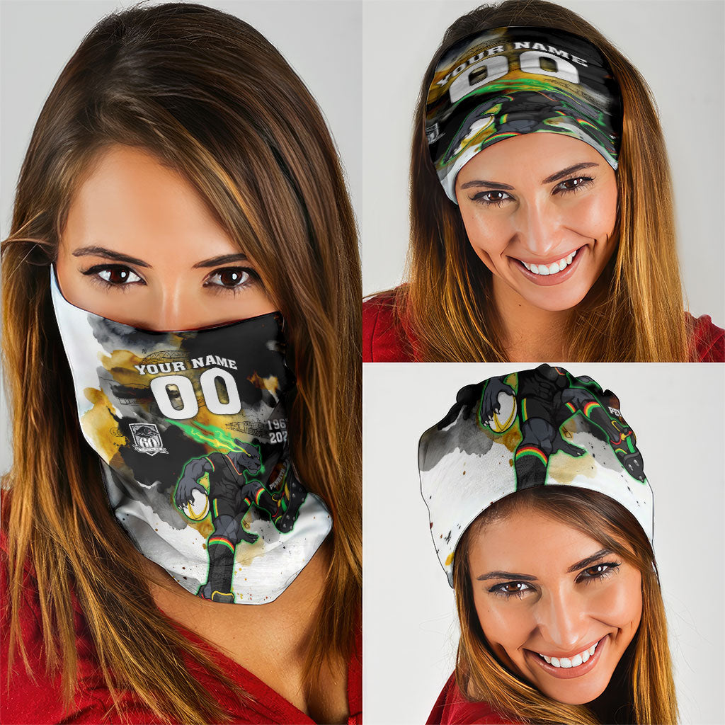 Personalised Penrith Panthers 1967-2026 Neck Gaiter Panther Mascot 60th Anniversary - Watercolor Splash Art