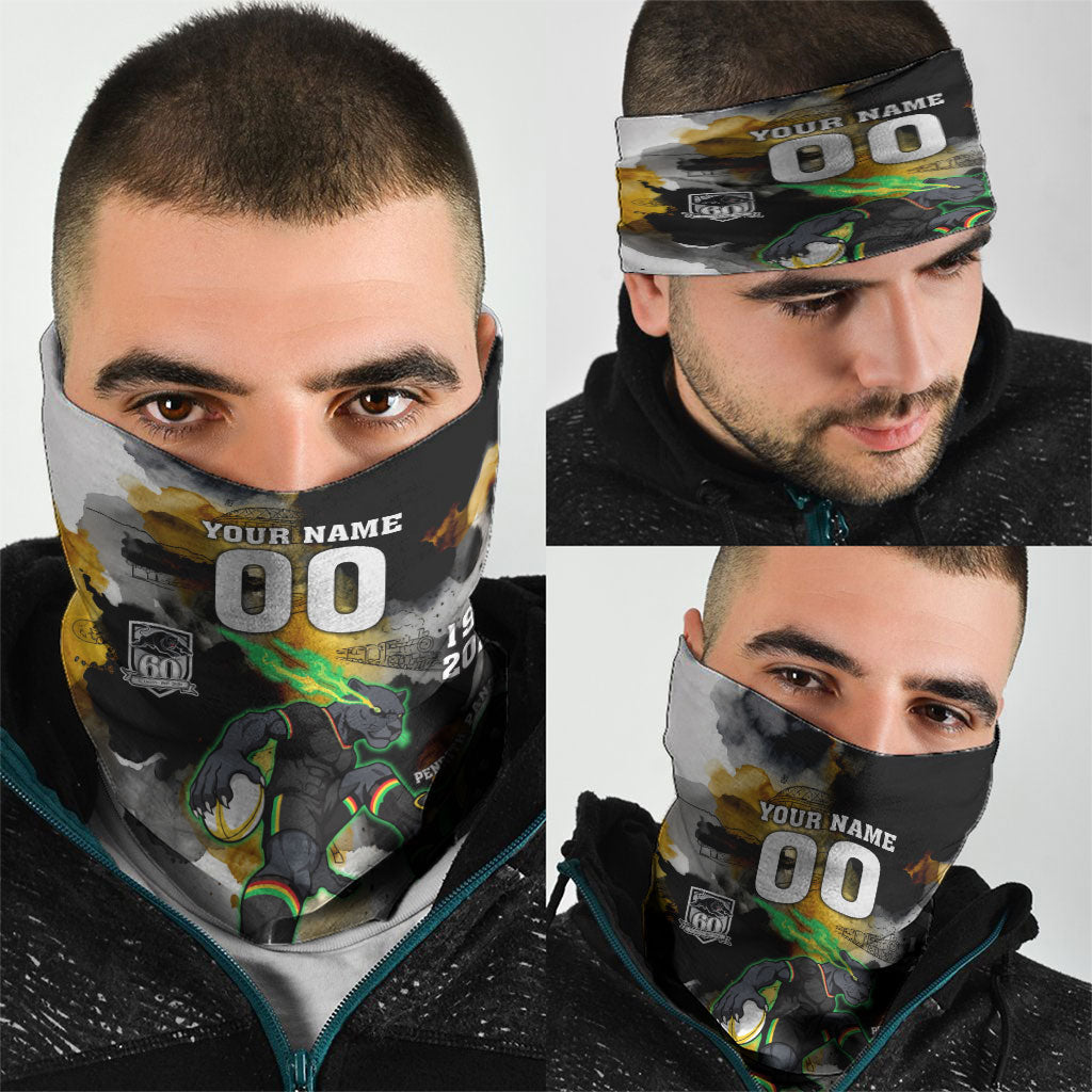 Personalised Penrith Panthers 1967-2026 Neck Gaiter Panther Mascot 60th Anniversary - Watercolor Splash Art
