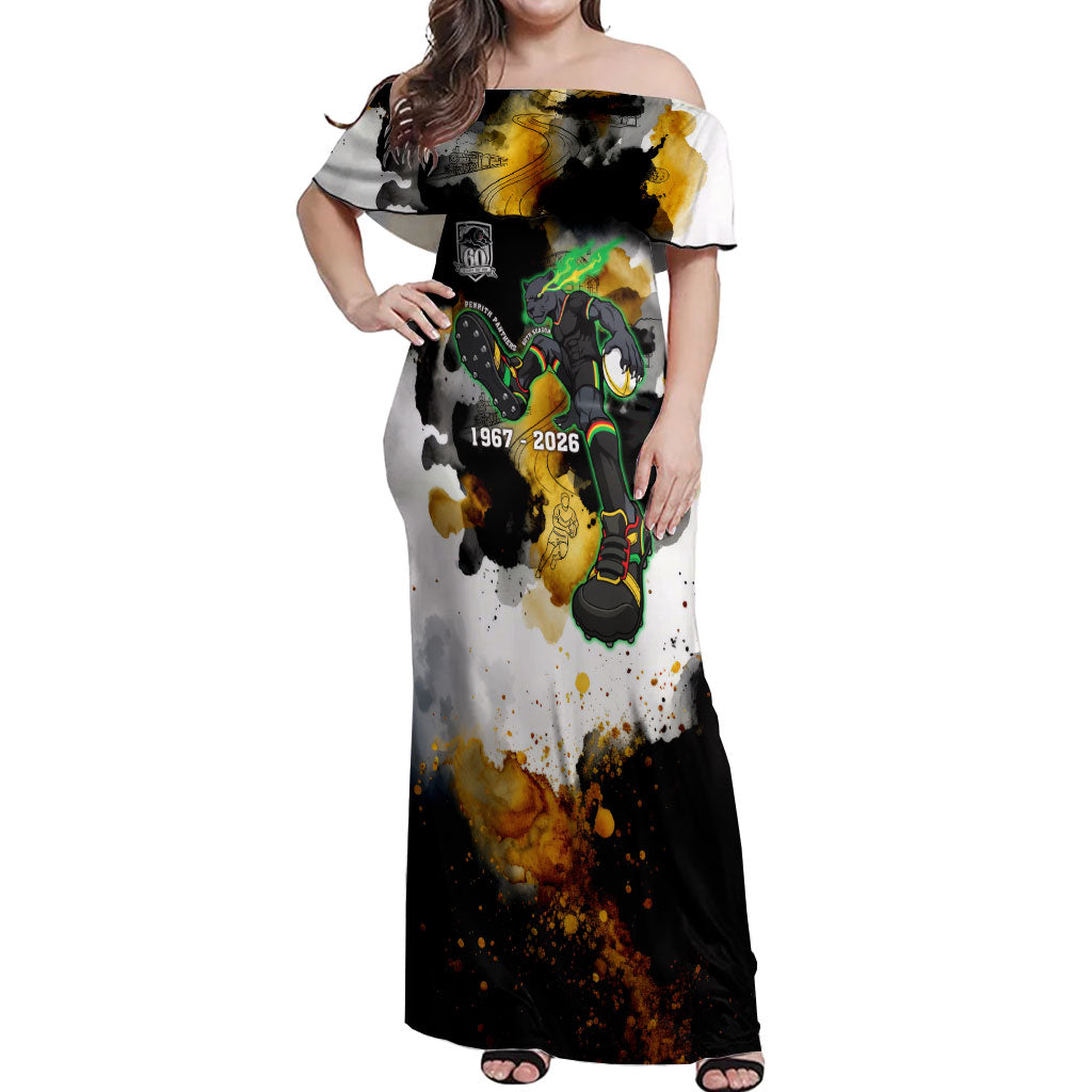 Personalised Penrith Panthers 1967-2026 Off Shoulder Maxi Dress Panther Mascot 60th Anniversary - Watercolor Splash Art