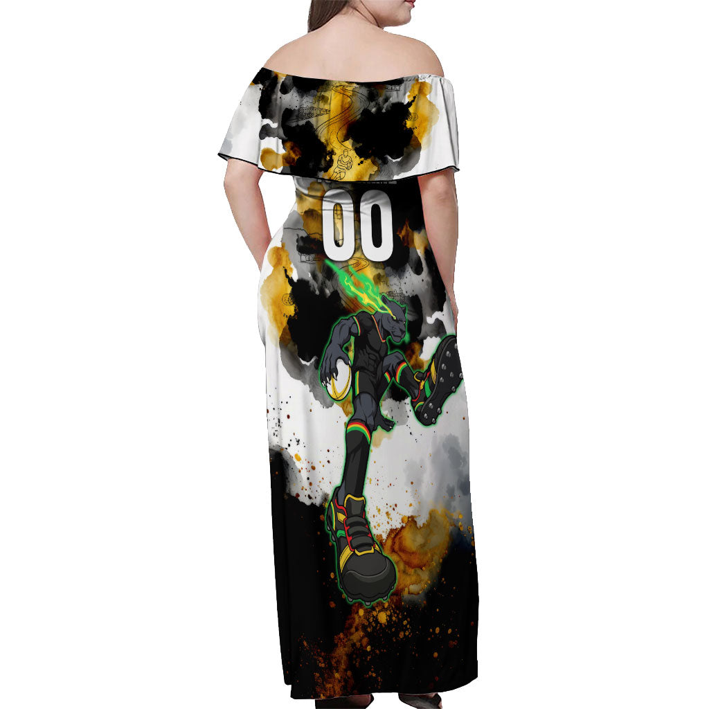 Personalised Penrith Panthers 1967-2026 Off Shoulder Maxi Dress Panther Mascot 60th Anniversary - Watercolor Splash Art