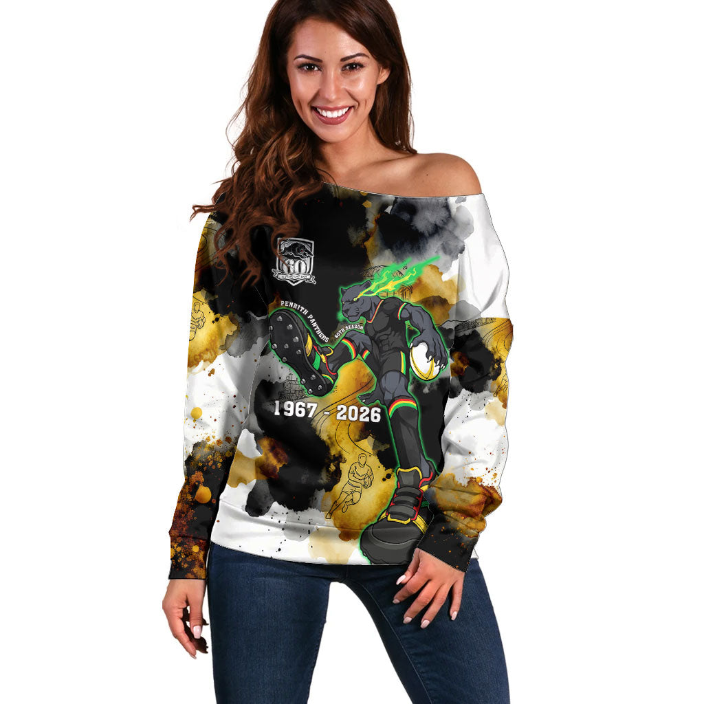 Personalised Penrith Panthers 1967-2026 Off Shoulder Sweater Panther Mascot 60th Anniversary - Watercolor Splash Art