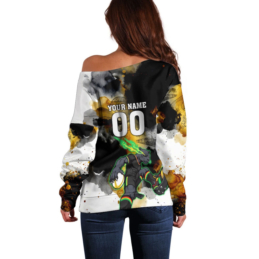 Personalised Penrith Panthers 1967-2026 Off Shoulder Sweater Panther Mascot 60th Anniversary - Watercolor Splash Art