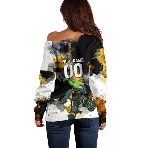 Personalised Penrith Panthers 1967-2026 Off Shoulder Sweater Panther Mascot 60th Anniversary - Watercolor Splash Art