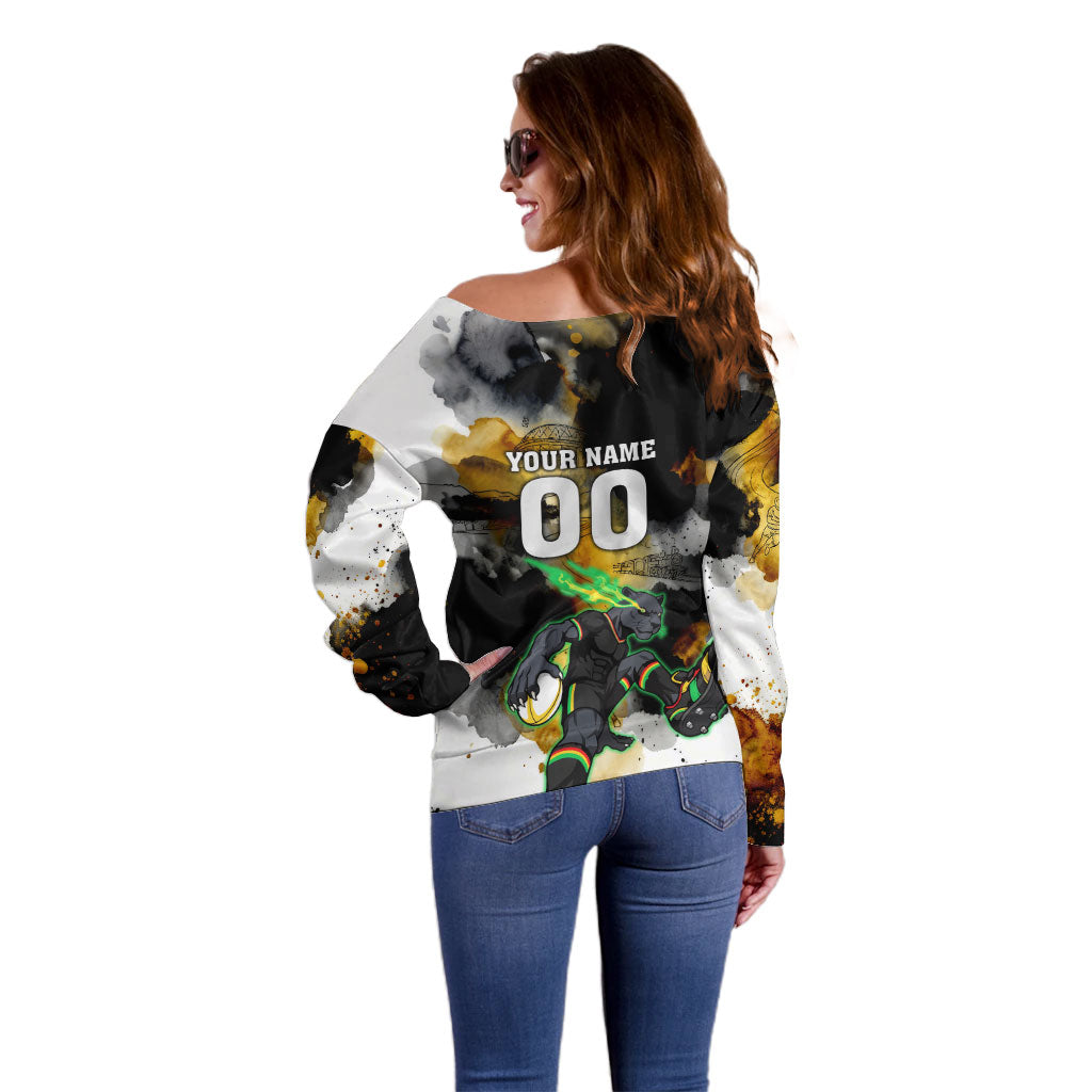 Personalised Penrith Panthers 1967-2026 Off Shoulder Sweater Panther Mascot 60th Anniversary - Watercolor Splash Art