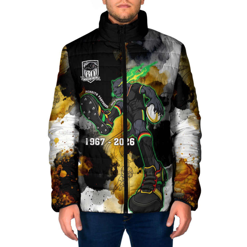 Personalised Penrith Panthers 1967-2026 Padded Jacket Panther Mascot 60th Anniversary - Watercolor Splash Art