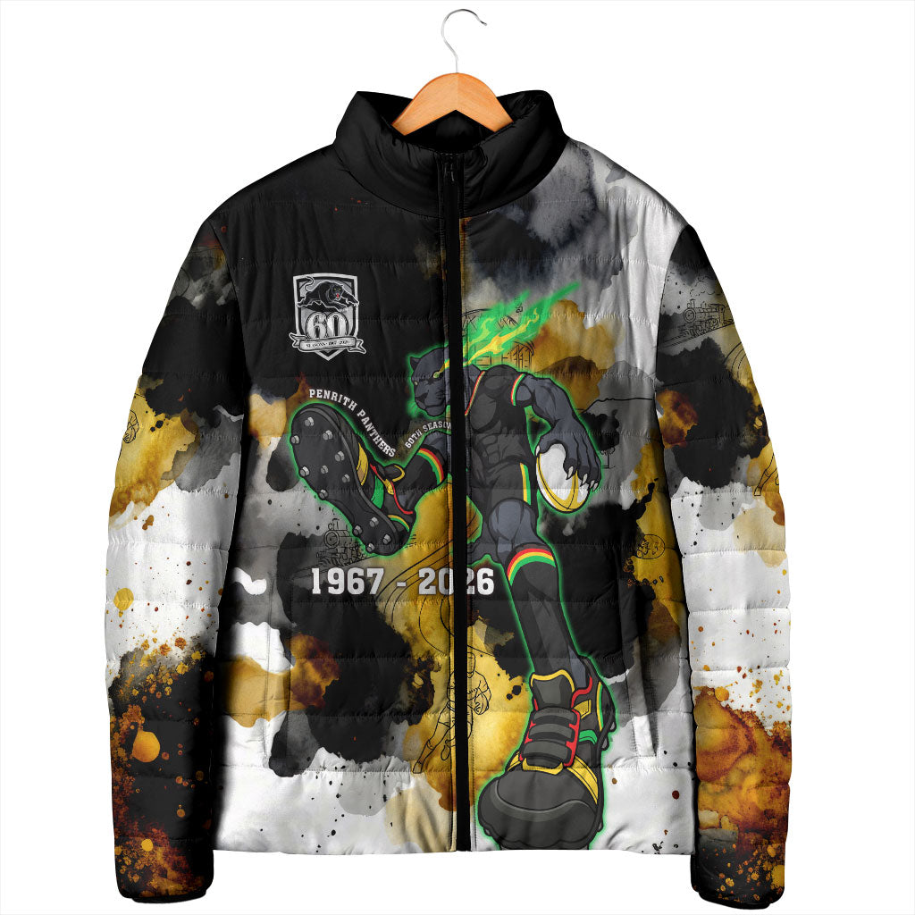 Personalised Penrith Panthers 1967-2026 Padded Jacket Panther Mascot 60th Anniversary - Watercolor Splash Art