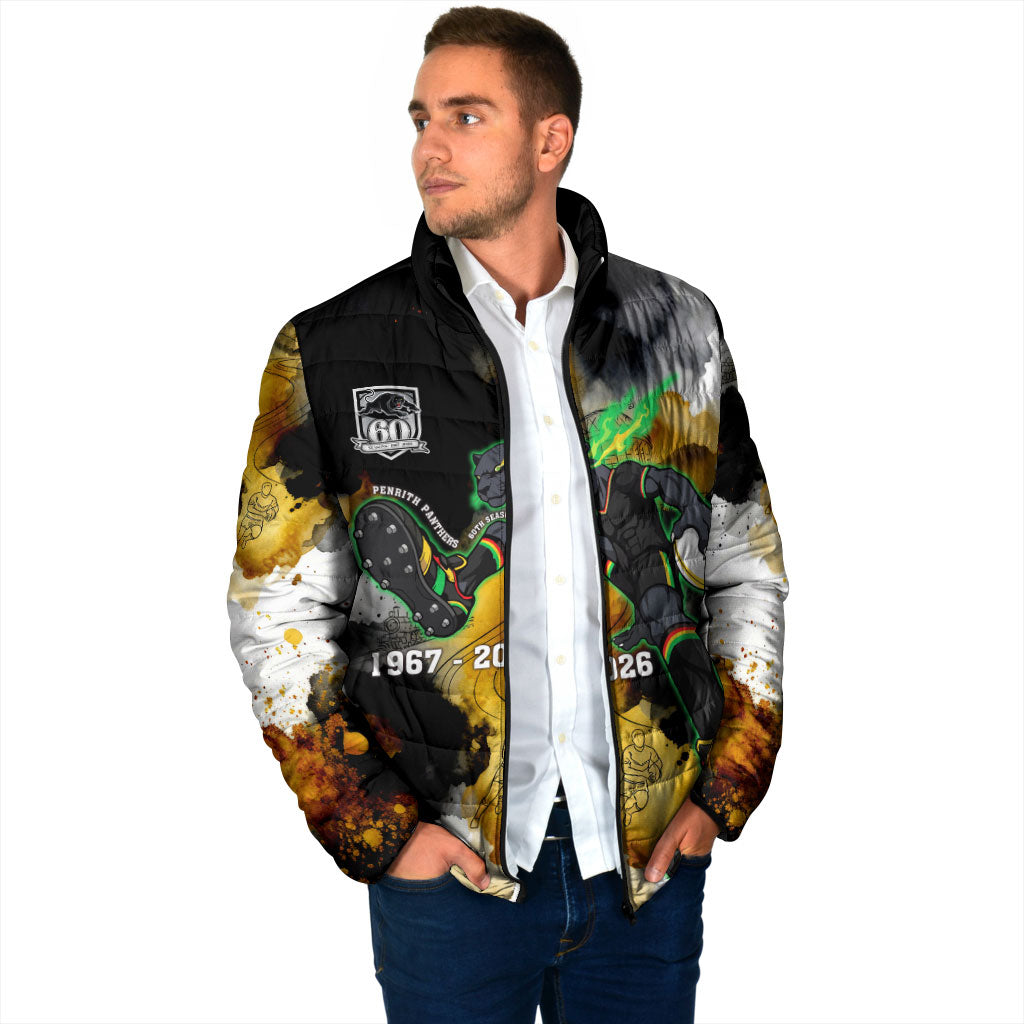 Personalised Penrith Panthers 1967-2026 Padded Jacket Panther Mascot 60th Anniversary - Watercolor Splash Art