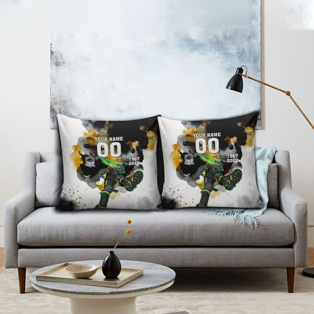 Personalised Penrith Panthers 1967-2026 Pillow Cover Panther Mascot 60th Anniversary - Watercolor Splash Art