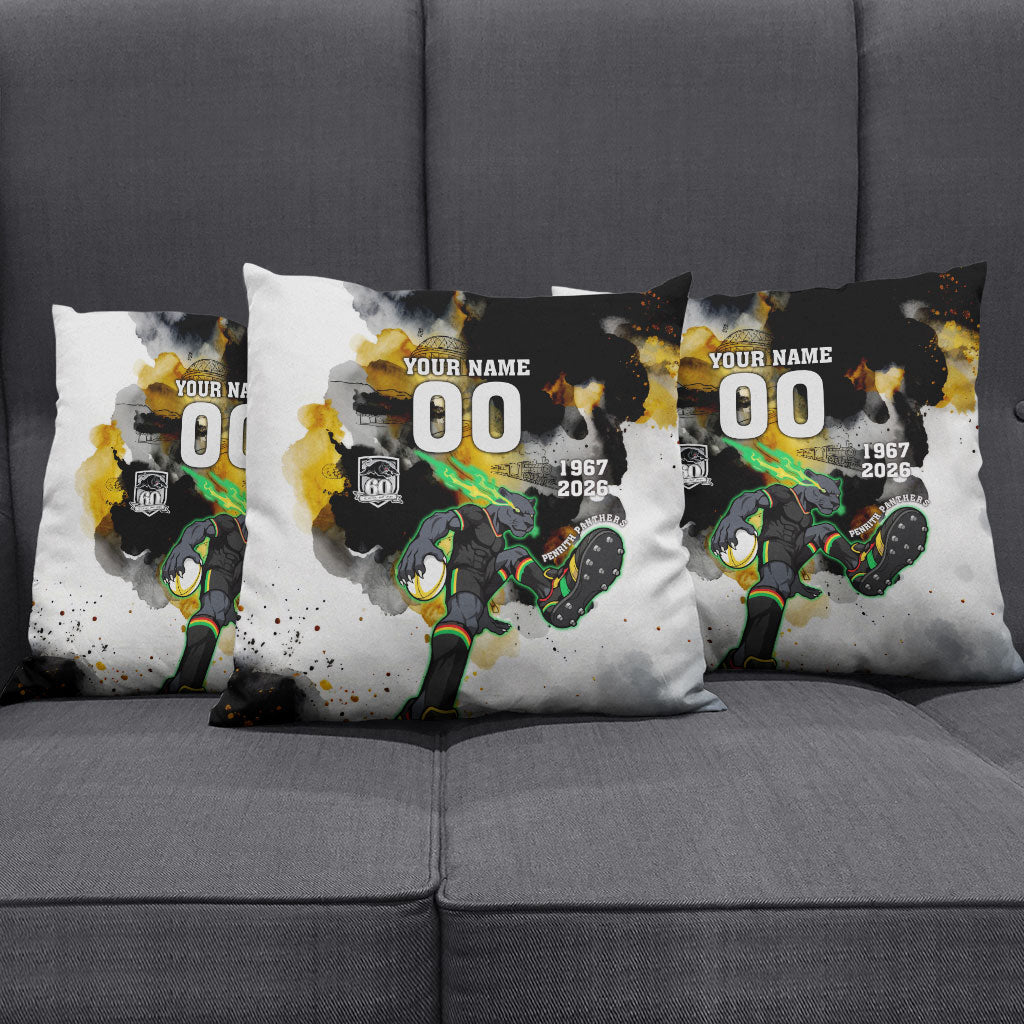 Personalised Penrith Panthers 1967-2026 Pillow Cover Panther Mascot 60th Anniversary - Watercolor Splash Art