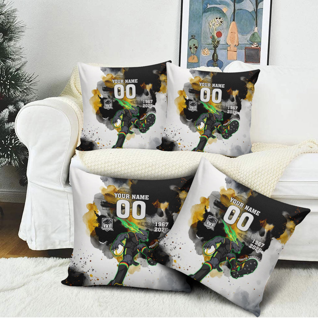 Personalised Penrith Panthers 1967-2026 Pillow Cover Panther Mascot 60th Anniversary - Watercolor Splash Art
