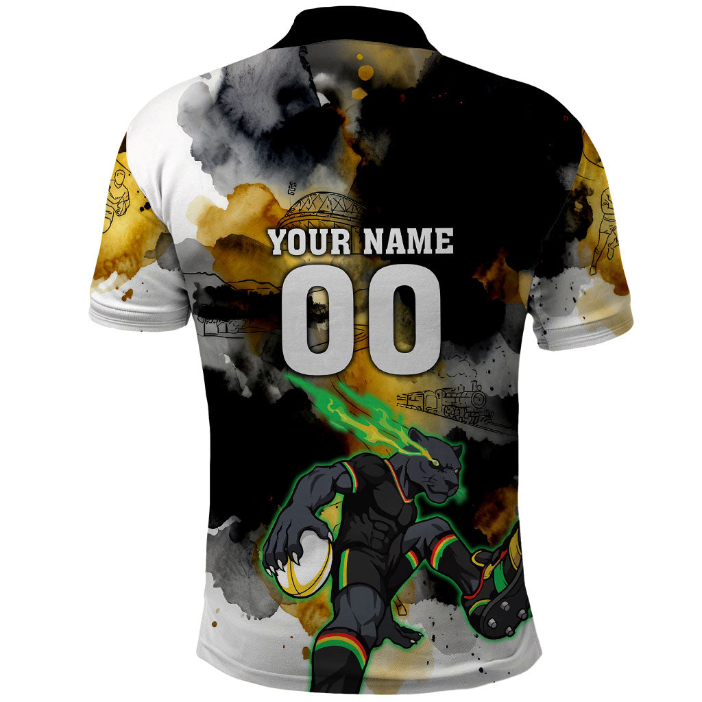 Personalised Penrith Panthers 1967-2026 Polo Shirt Panther Mascot 60th Anniversary - Watercolor Splash Art