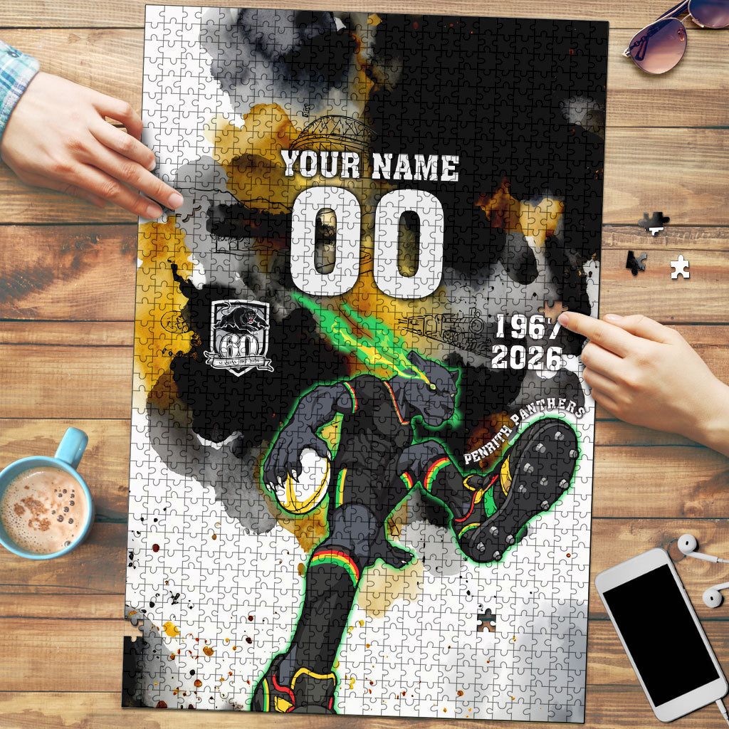 Personalised Penrith Panthers 1967-2026 Puzzle Panther Mascot 60th Anniversary - Watercolor Splash Art