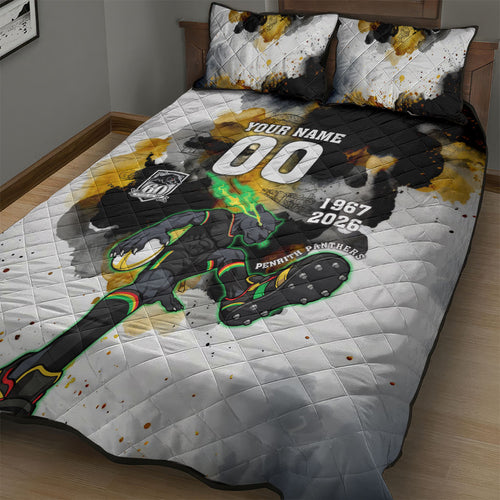 Personalised Penrith Panthers 1967-2026 Quilt Bed Set Panther Mascot 60th Anniversary - Watercolor Splash Art