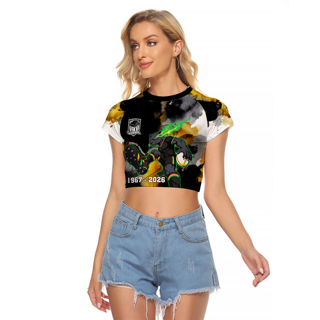 Personalised Penrith Panthers 1967-2026 Raglan Cropped T Shirt Panther Mascot 60th Anniversary - Watercolor Splash Art